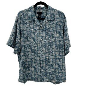 Claiborne Mens Blue & White 100% Silk Button-Up Short Sleeve Shirt L